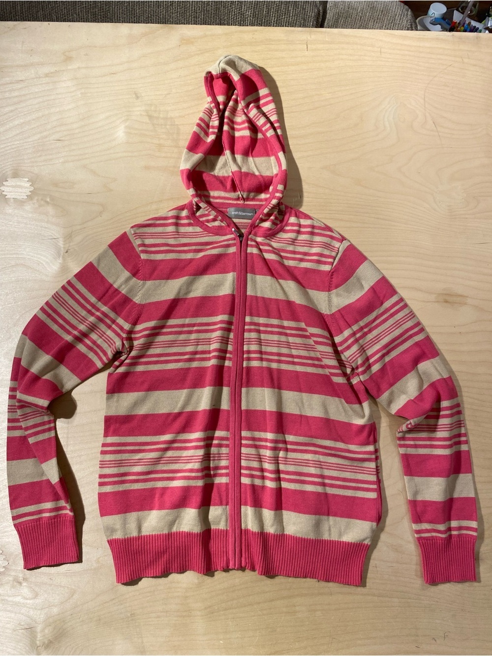 croft & barrow Pink and Tan Striped Hooded Zip Cardigan Medium (RS)